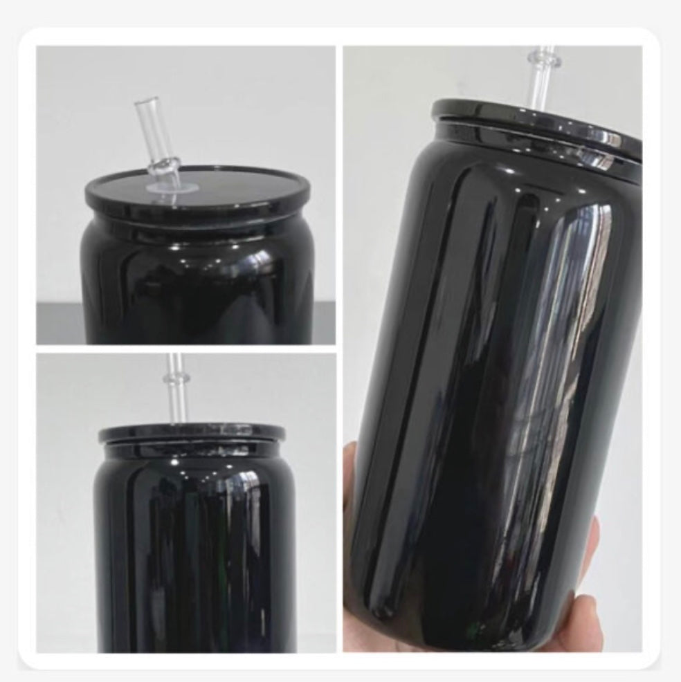 BLACK GLASS CAN TUMBLER W/ACRYLIC LID