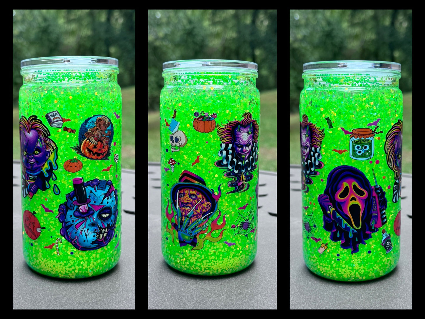 16oz. NEON HALLOWEEN GLOW IN THE DARK ACRYLIC GLITTER SNOW GLOBE TUMBLER!