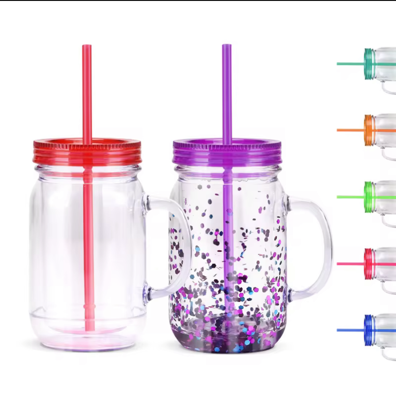 20oz DOUBLE WALL ACRYLIC MASON JAR PRE-DRILLED SNOW GLOBE TUMBLER WITH COLORED LIDS (PRE DRILLED)