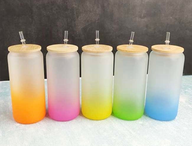 16oz OMBRE COLORED SUBLIMATION GLASS BEER CAN TUMBLER WTH BAMBOO LID
