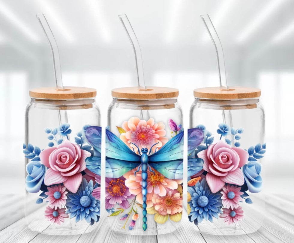 #208 BLUE DRAGONFLY AND FLOWERS UV DTF WRAP