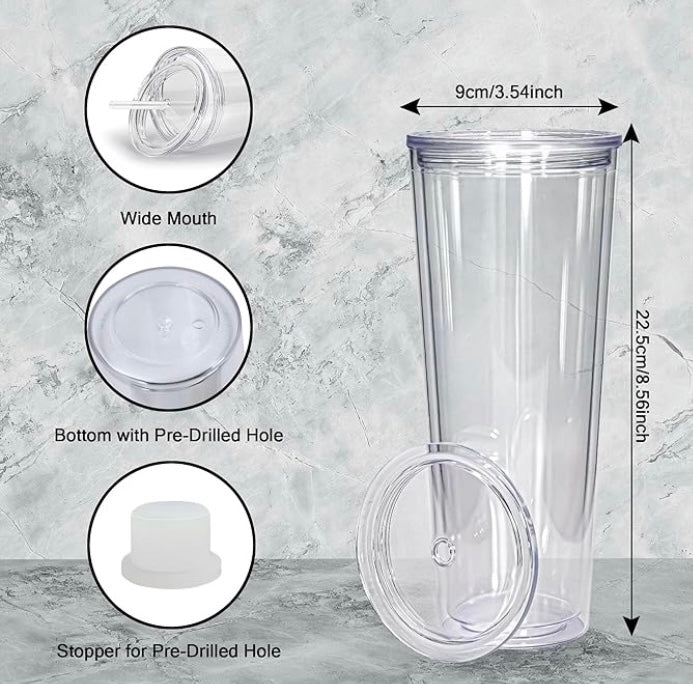 24oz DOUBLE WALLED PRE-DRILLED SNOW GLOBE ACRYLIC PLASTIC TUMBLER