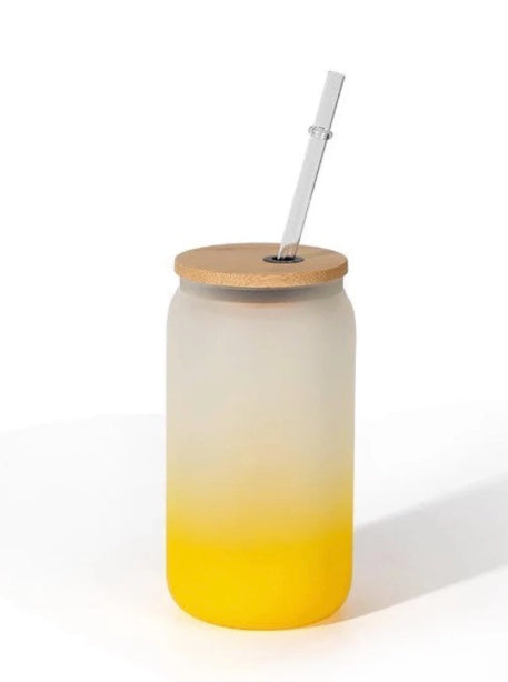 16oz OMBRE COLORED SUBLIMATION GLASS BEER CAN TUMBLER WTH BAMBOO LID