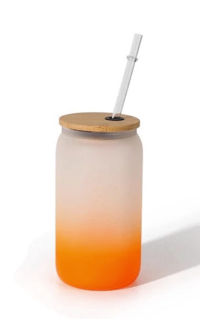16oz OMBRE COLORED SUBLIMATION GLASS BEER CAN TUMBLER WTH BAMBOO LID
