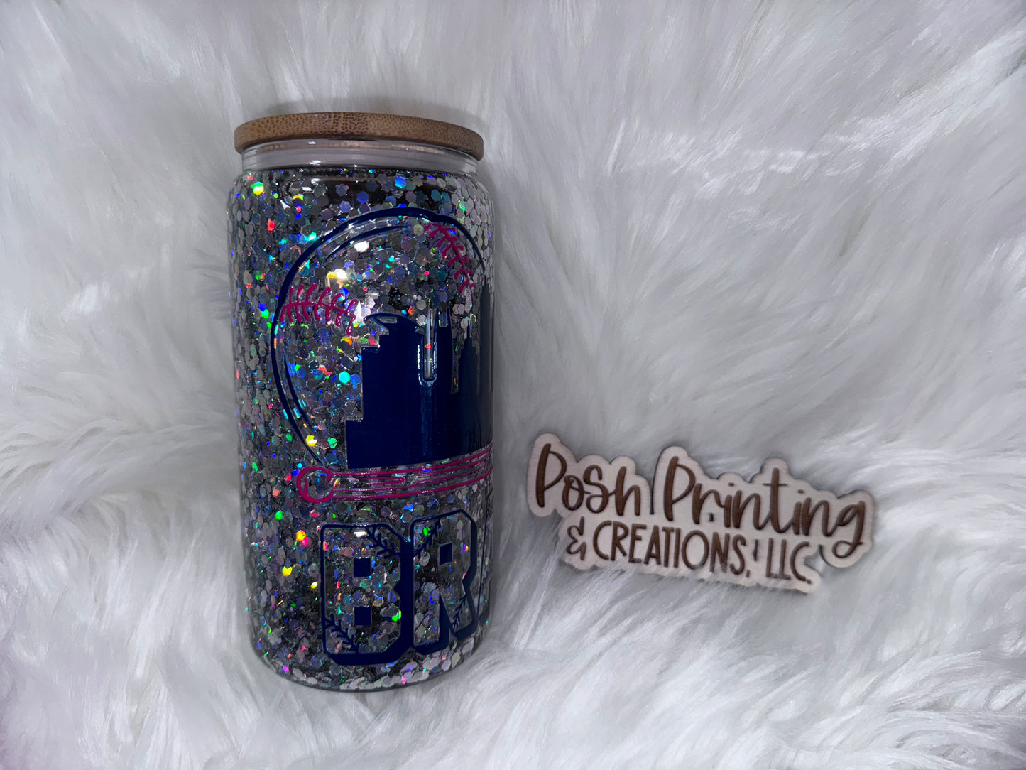 16oz. GLITTERED GLASS DOUBLES WALL BASEBALL CAN TUMBLER