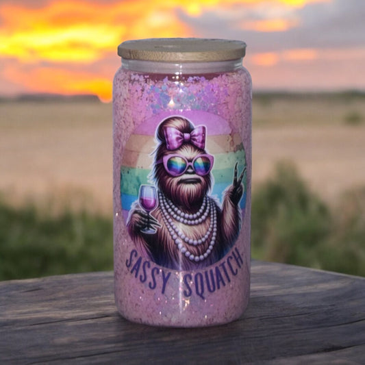 16oz. SASSY SQUATCH GLITTERED GLASS DOUBLES WALL CAN TUMBLER