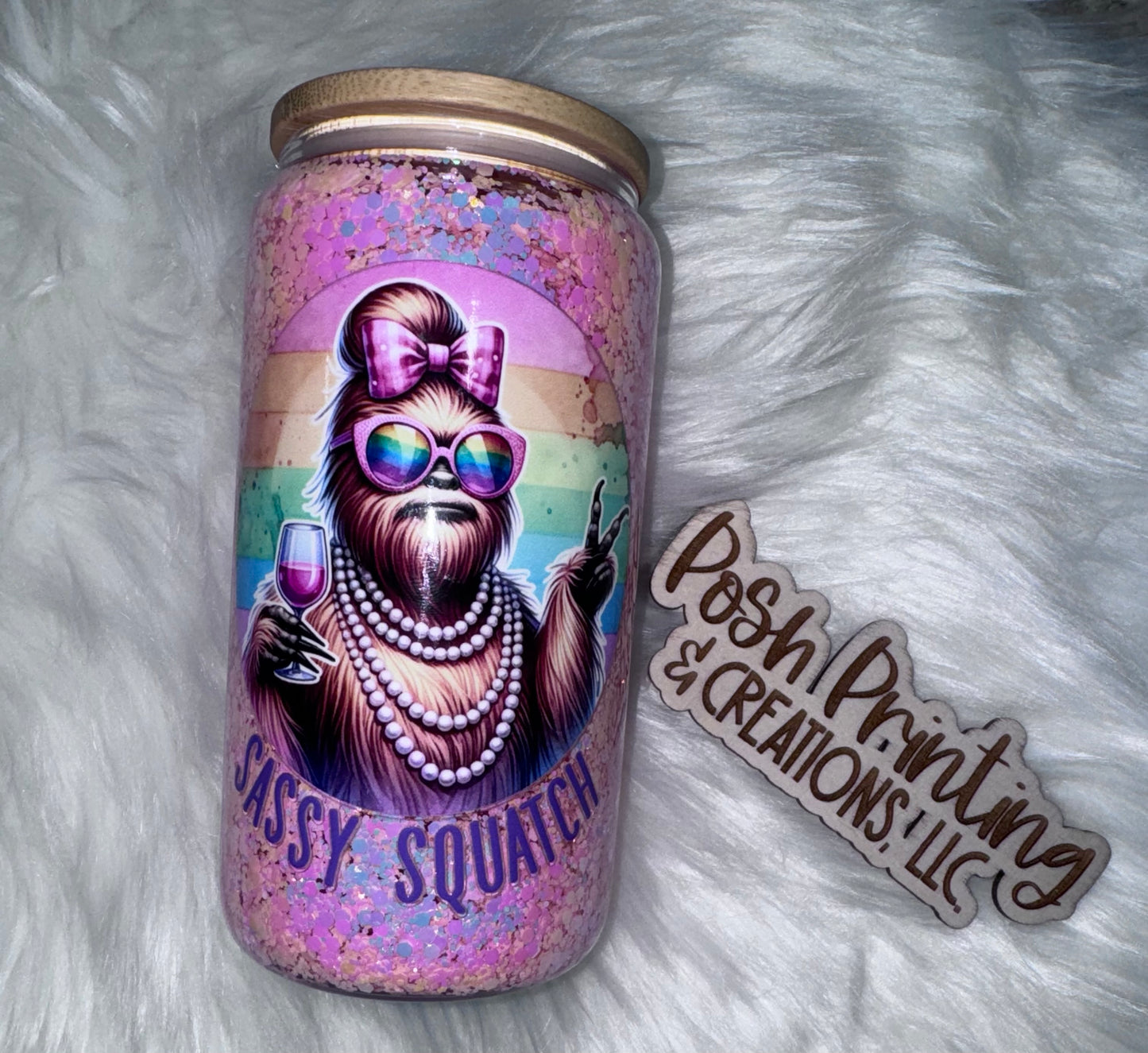 16oz. SASSY SQUATCH GLITTERED GLASS DOUBLES WALL CAN TUMBLER