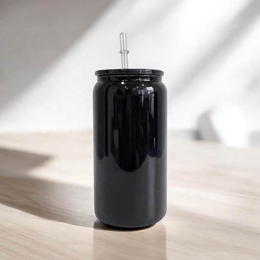 BLACK GLASS CAN TUMBLER W/ACRYLIC LID