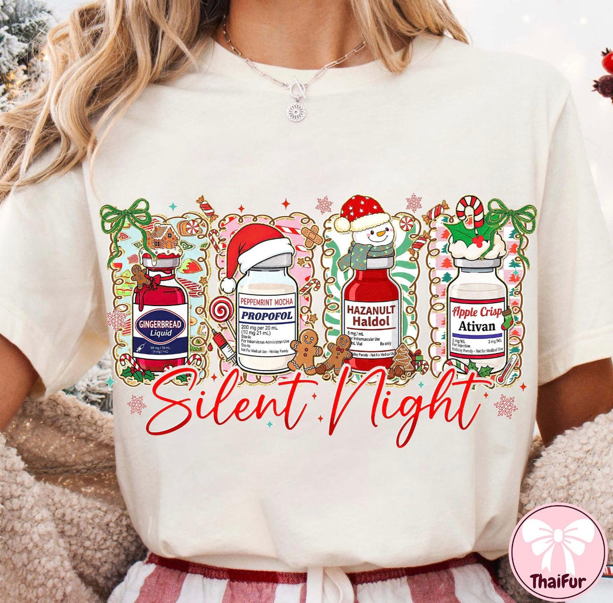     Silent Night Christmas nurse shirt with holiday medical design.