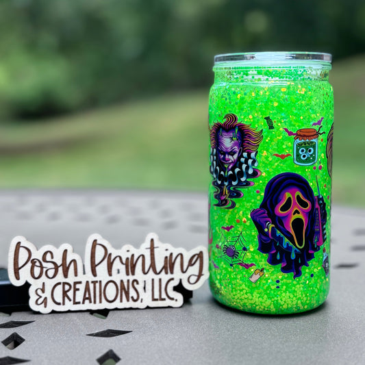 16oz. NEON HALLOWEEN GLOW IN THE DARK  ACRYLIC GLITTER SNOW GLOBE TUMBLER!