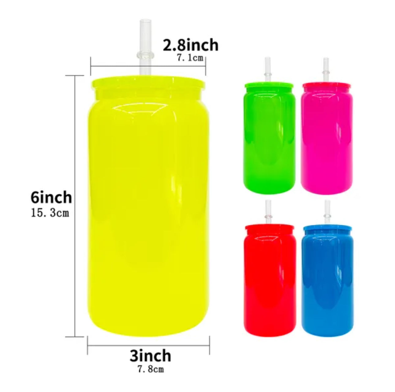 16oz. NEON COLOR SUBLIMATION GLASS CAN CUPS WITH COLORED LIDS