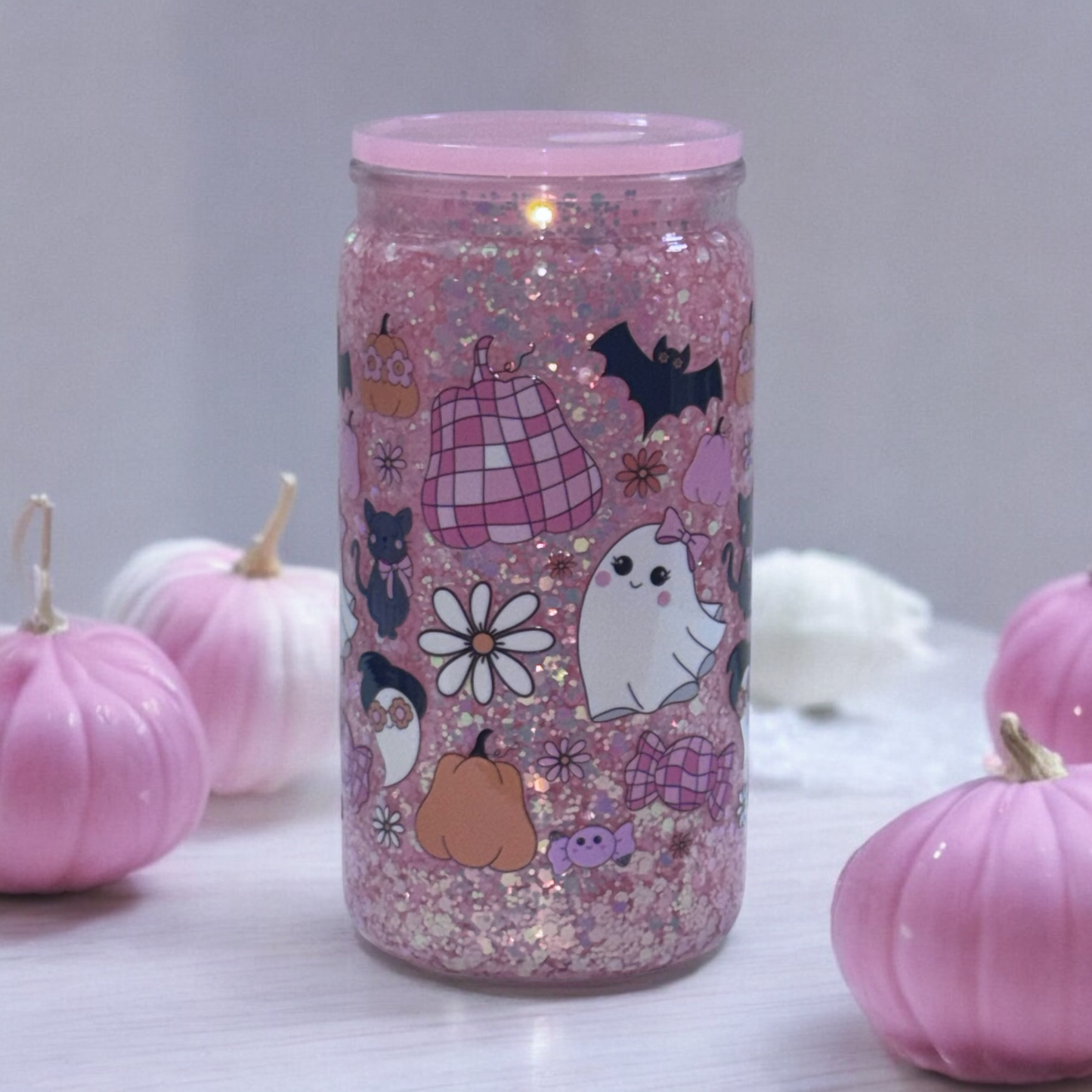 160z. PINK PUMPKIN AND GHOST ACRYLIC SNOW GLOBE TUMBLER WITH COLORED LID