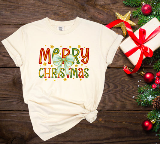 MINT BOW MERRY CHRISTMAS TEE (SHORT SLEEVE COMFORT COLORS)