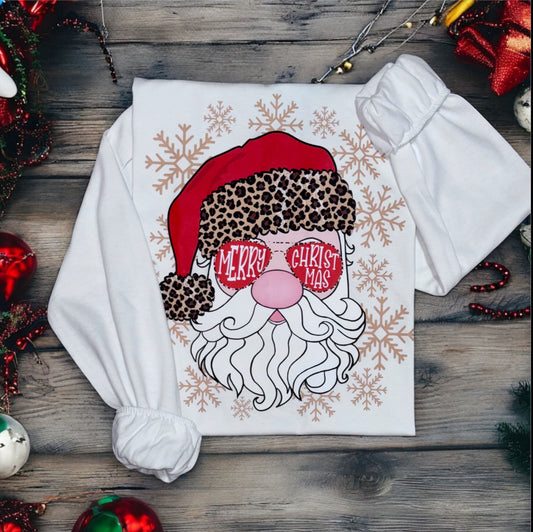 SANTA LEOPARD HAT MERRY CHRISTMAS TEE