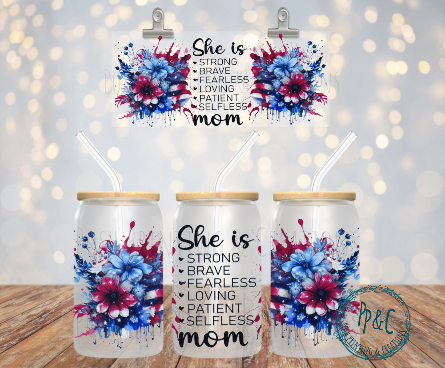 #307 SHE IS MOM RED WHITE & BLUE UV DTF WRAP
