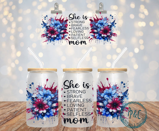 #307 SHE IS MOM RED WHITE & BLUE UV DTF WRAP