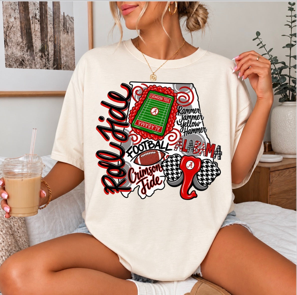 Crimson Houndstooth Elephant Alabama Game Day Tee (Front only Image)