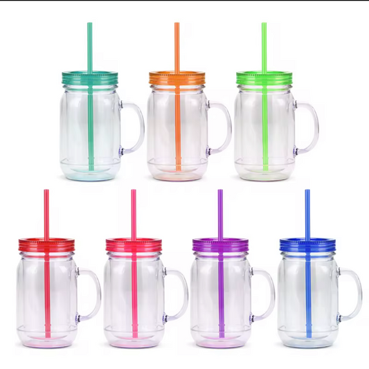 20oz DOUBLE WALL ACRYLIC MASON JAR PRE-DRILLED SNOW GLOBE TUMBLER WITH COLORED LIDS (PRE DRILLED)