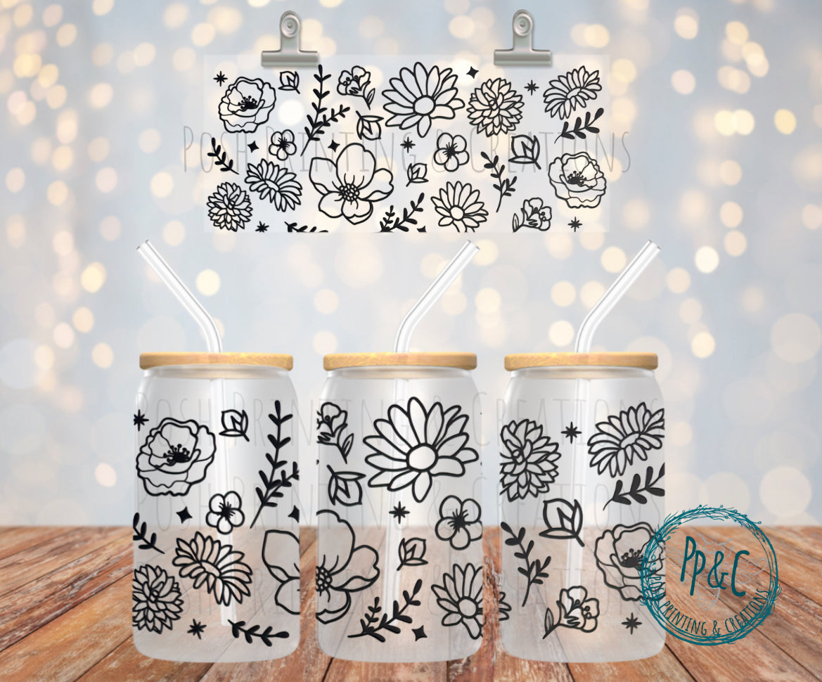 #360 BLACK LINE FLOWERS UV DTF WRAP