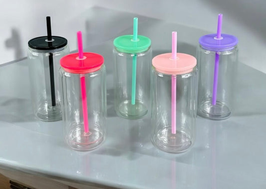 16oz. CLEAR ACRYLIC/PLASTIC DOUBLE WALLED PRE-DRILLED SNOW GLOBE CAN TUMBLER WITH COLORED LIDS