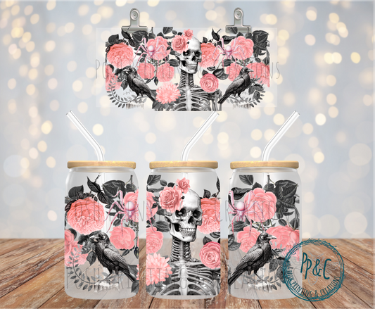 #333 SKULL AND PINK ROSES UV DTF WRAP